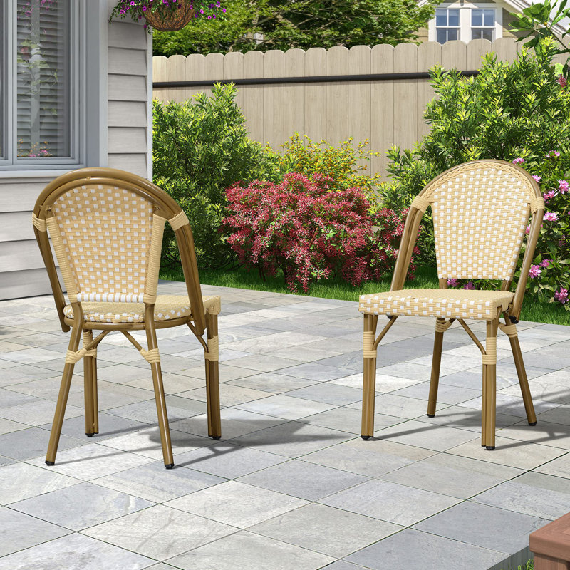 Chaise bistro mauve Leaf (ensemble de 2) chaises en osier tissé à la main pour l'extérieur, Jaune crème