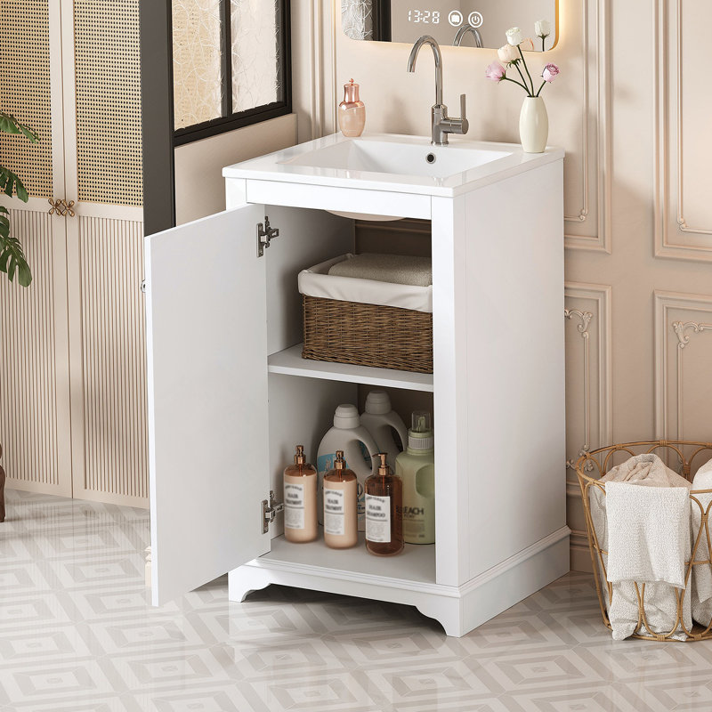 Ensemble de meuble-lavabo autoportant de 20 pouces avec lavabo en céramique, ensemble de meuble-lavabo simple autoportant avec porte à fermeture douce, tablette réglable, style moderne, blanc.