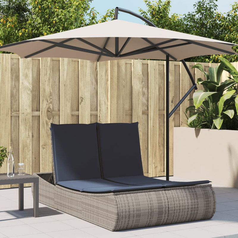  Chaise longue double avec coussins en rotin de polyester gris, Coussin bleu marine / structure grise