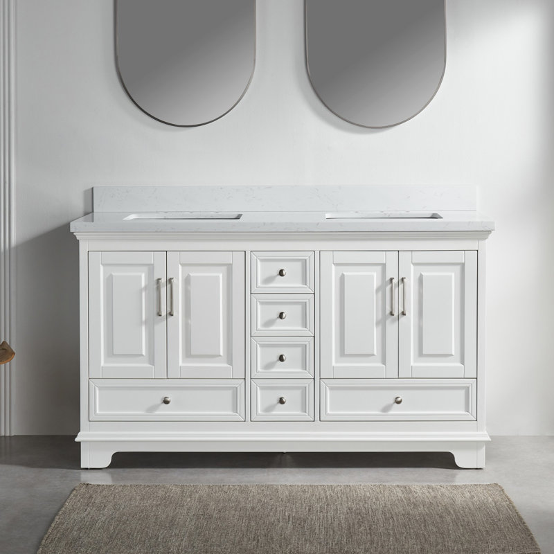 Meuble-lavabo double autoportant avec pierre artificielle, Blanc