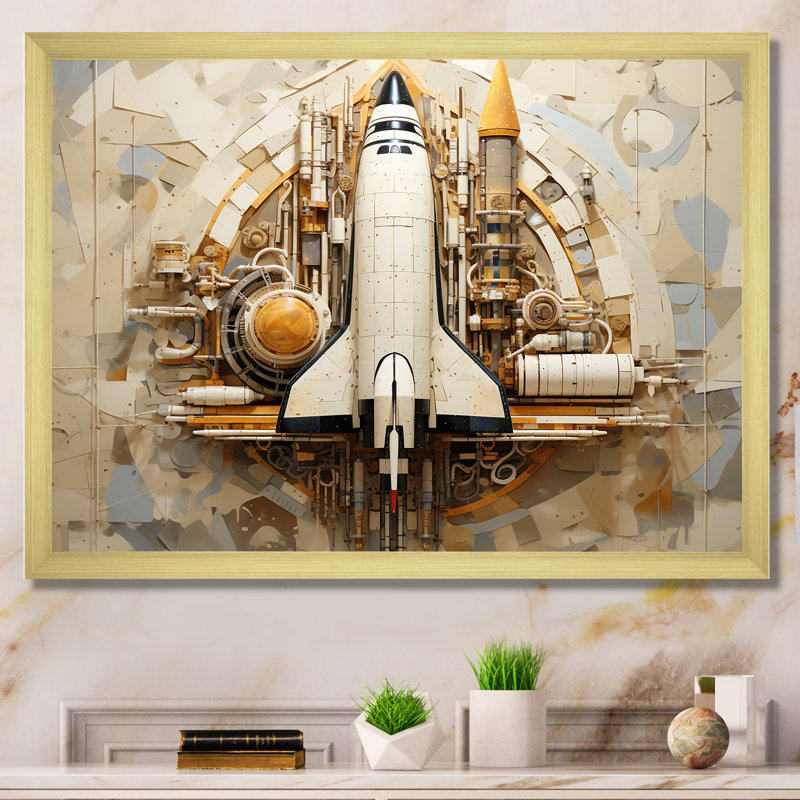 Navette spatiale rétro voyage cosmique, H 30 po x l 40 po x P 1,5 po, Cadre doré simple