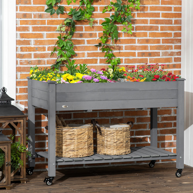 Boîte à fleurs de jardin 47 po x 22 po x 33 po gris foncé avec doublure de lit - roues verrouillables en bois surélevées, tablette de rangement et étagère de drainage