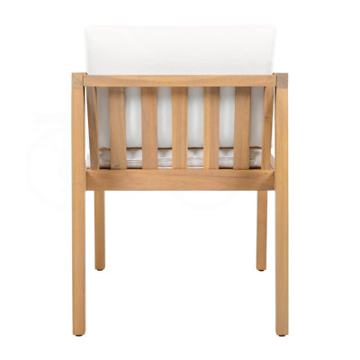 Chaises de salle à manger d'extérieur avec structure en bois d'acacia, dossier à lattes et coussins beiges, ensemble de 4