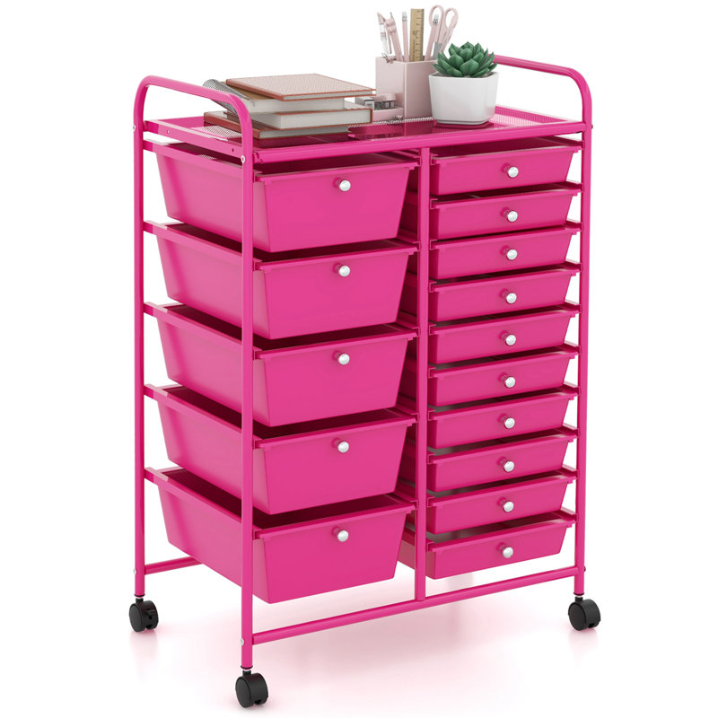 Hot Pink Steel Frame 15-Drawer Rolling Storage Cart
