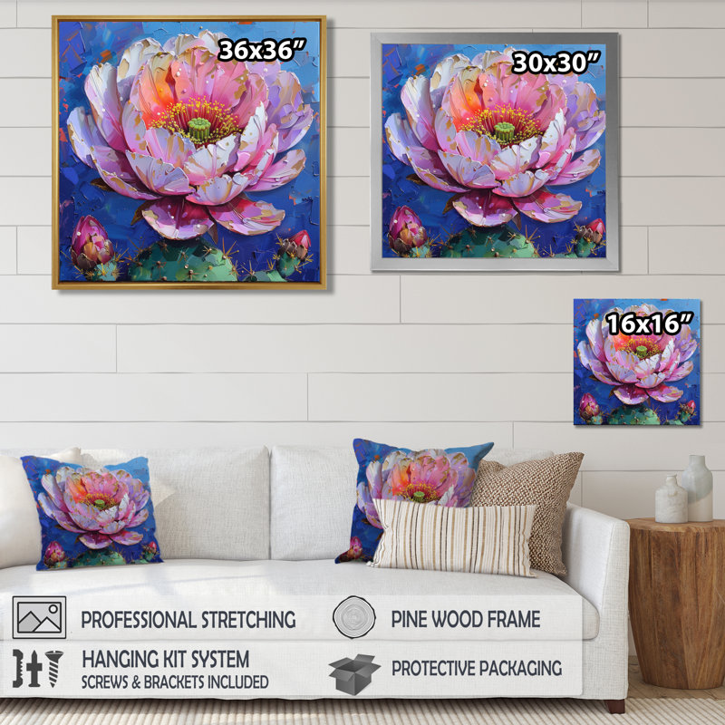 Rose rose vert cactus en fleurs - cactus floral, impression d'art mural, Toile tendue, H 16 po x l 16 po x P 1 po