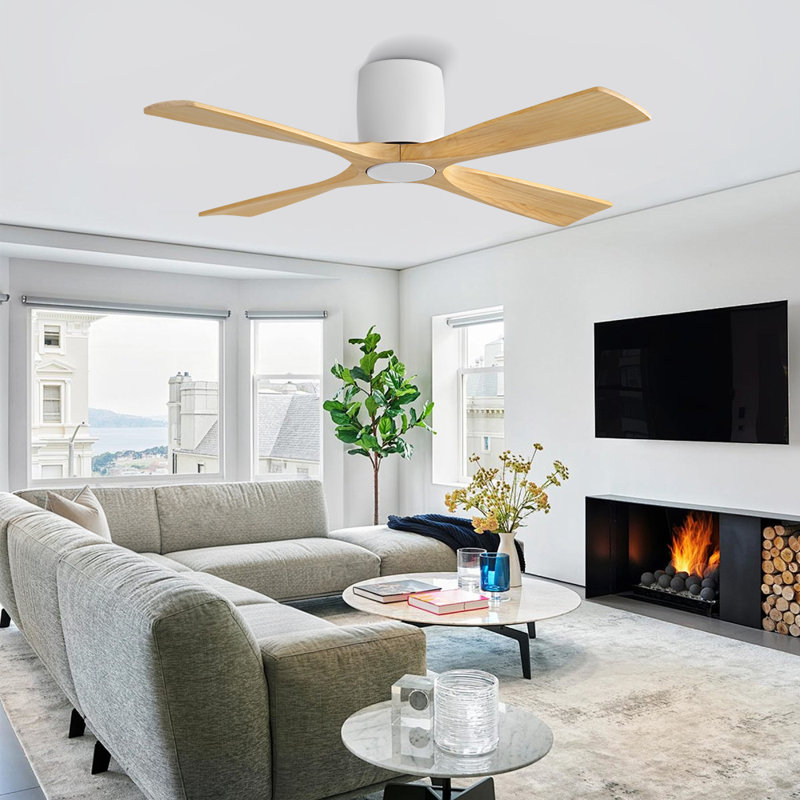 Ventilateur de plafond encastré 48 pales en bois massif avec télécommande, grain de bois blanc et naturel, Blanc, 48" Wide