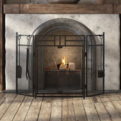 Black Iron Fireplace Screen With Mesh Doors And 4-Piece Tool Set, Foldable Fire Guard With Rust-Resistant Finish