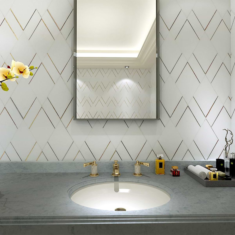 Enver Polished Marble And Brass Mosaic, Thassos/Brass