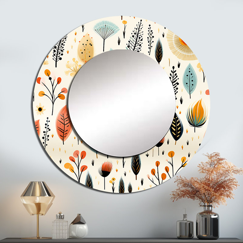 Earthy Boho Eclectic Plants - eclectic  Decorative Wall Mirror, Beige Round Mirror, Printed Metal Art, 36" x 36"