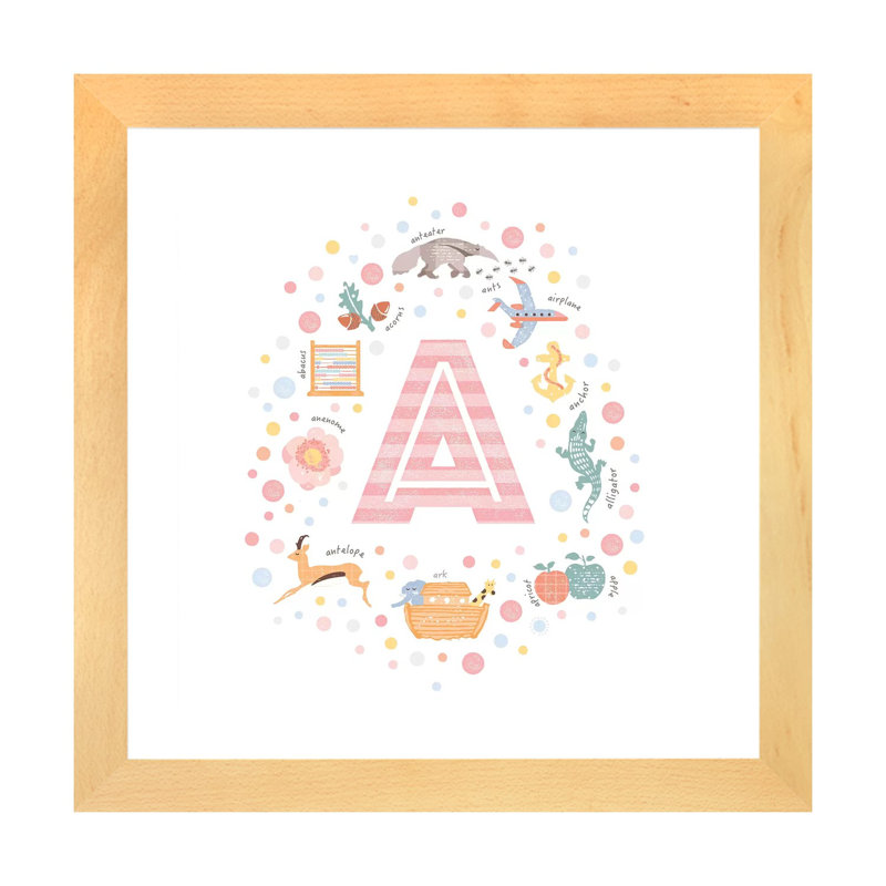 Lettre illustrée A - rose, Papier avec cadre beige, Blanc, H 24 po x l 24 po x p 1 po