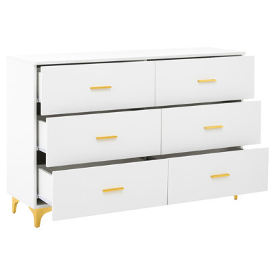 White Storage Chest With 6 Drawers, Modern Style, Quiet Drawer Operation, Five Metal Legs, Ideal For Living Room Vanity Spacious Gold Accents, Soft -