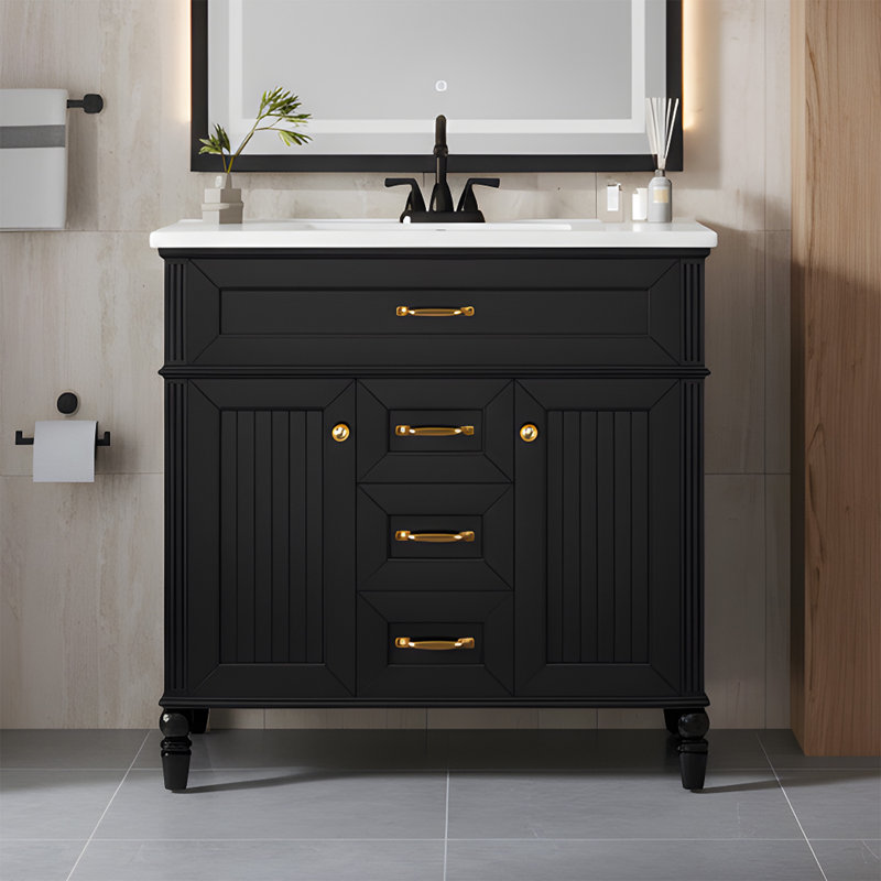 Meuble-lavabo sur pied 36 po avec lavabo en céramique, Noir et or