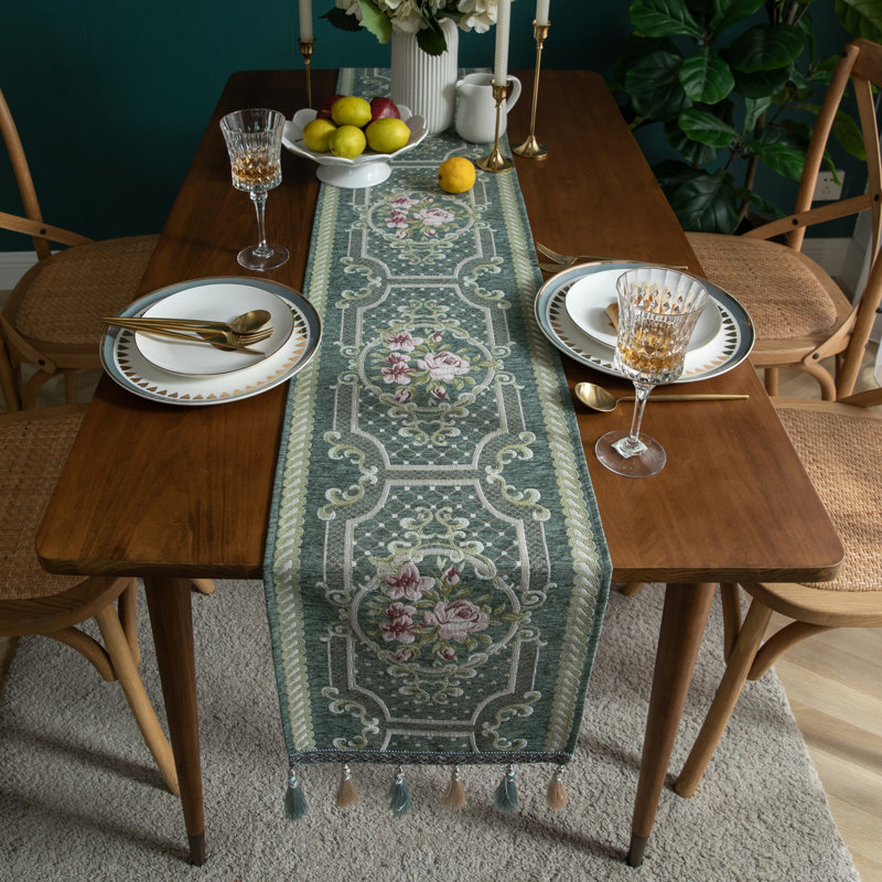 Modern Floral Print Table Runner With Tassel, 78" L x 13" D, Green