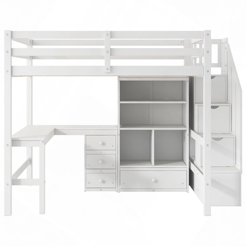 Lit mezzanine double avec bureau en L et tiroirs, armoire et escalier de rangement, Blanc