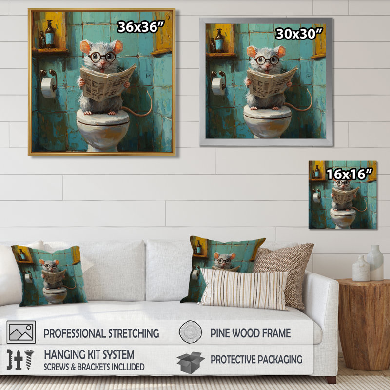 Keidan souris avec lunettes dans la toilette II - souris, art mural, Toile tendue, Ne s’applique pas, H 16 po x l 16 po