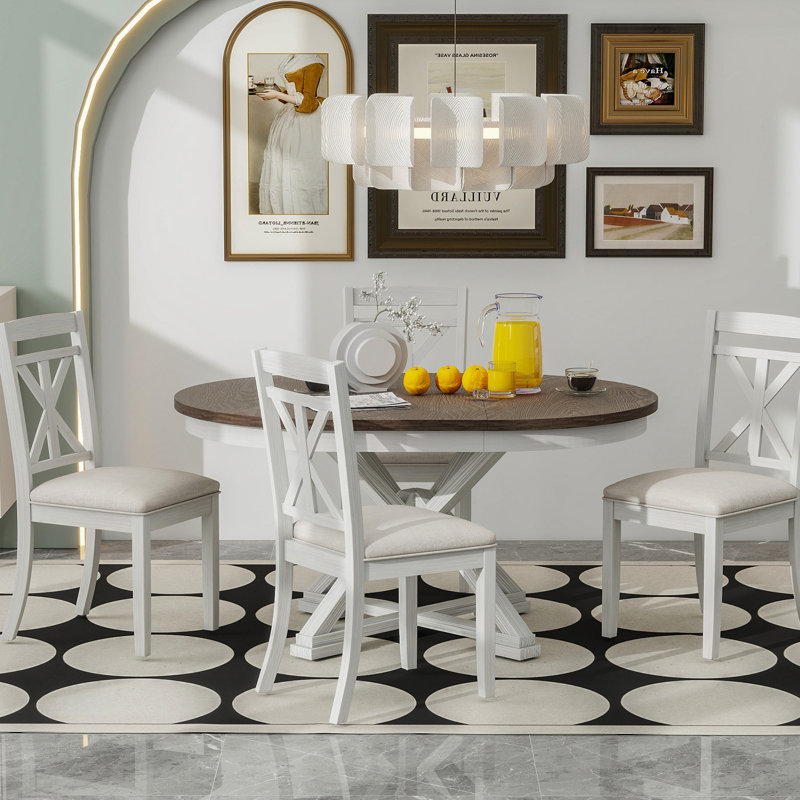 Ensemble de table de salle à manger extensible pour 4 personnes avec 4 chaises rembourrées, Brun / Blanc