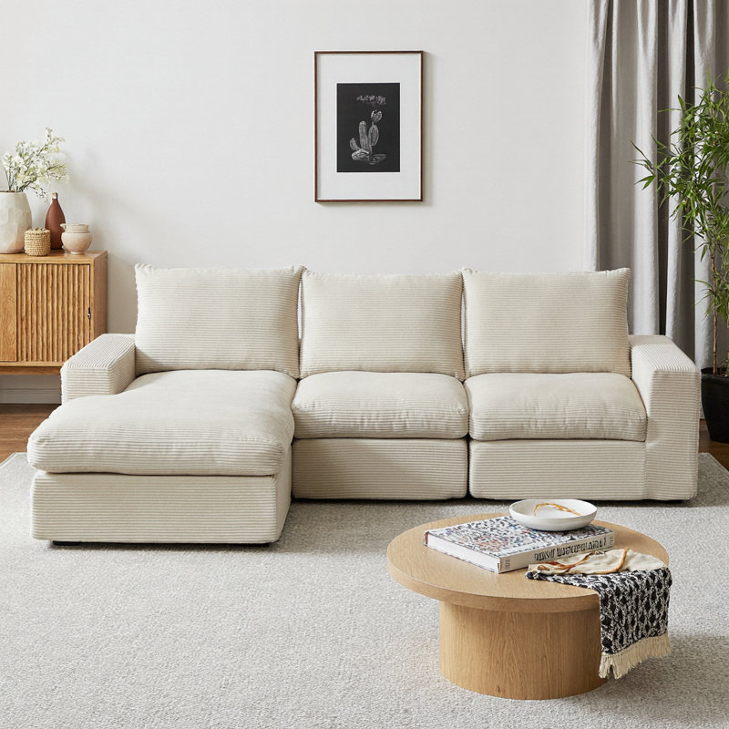 Canapé modulaire en velours côtelé en L 99 po avec méridienne et coussins - aucun assemblage requis, Beige