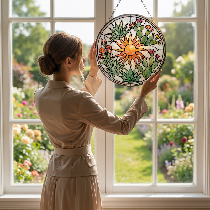 Sun Cactus Stained Glass Window Panel，12"H, 12"H
