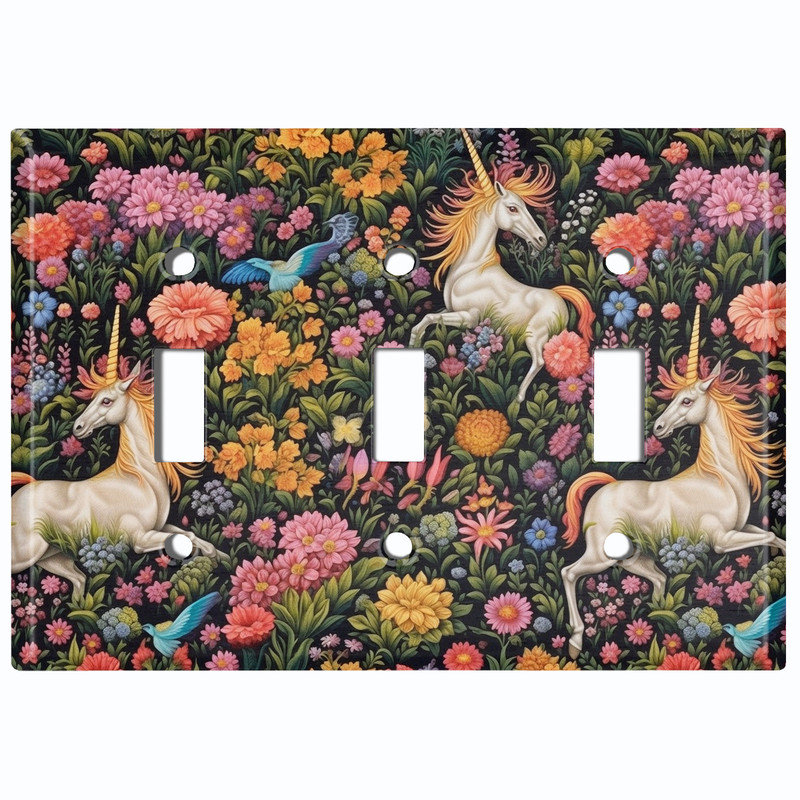 Couvercle de plaque d'interrupteur en métal; Bascule standard US 3 bandes - Licornes et fleurs sauvages, Triple # 3