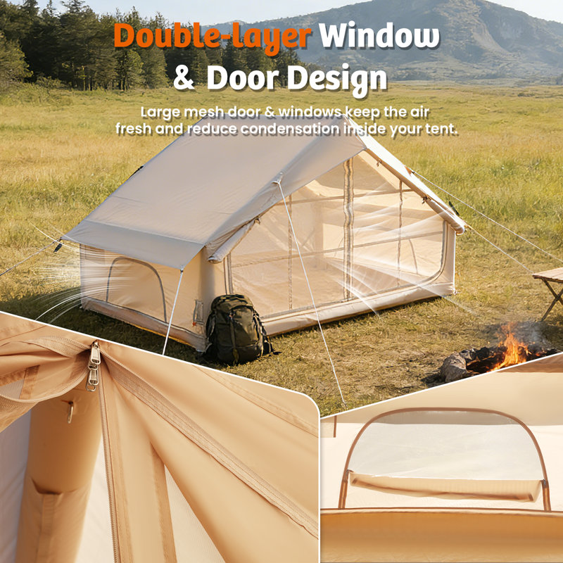 4-6 Person Inflatable Camping Tent, Waterproof Blow Up Tent With Large Mesh Doors & Skylight