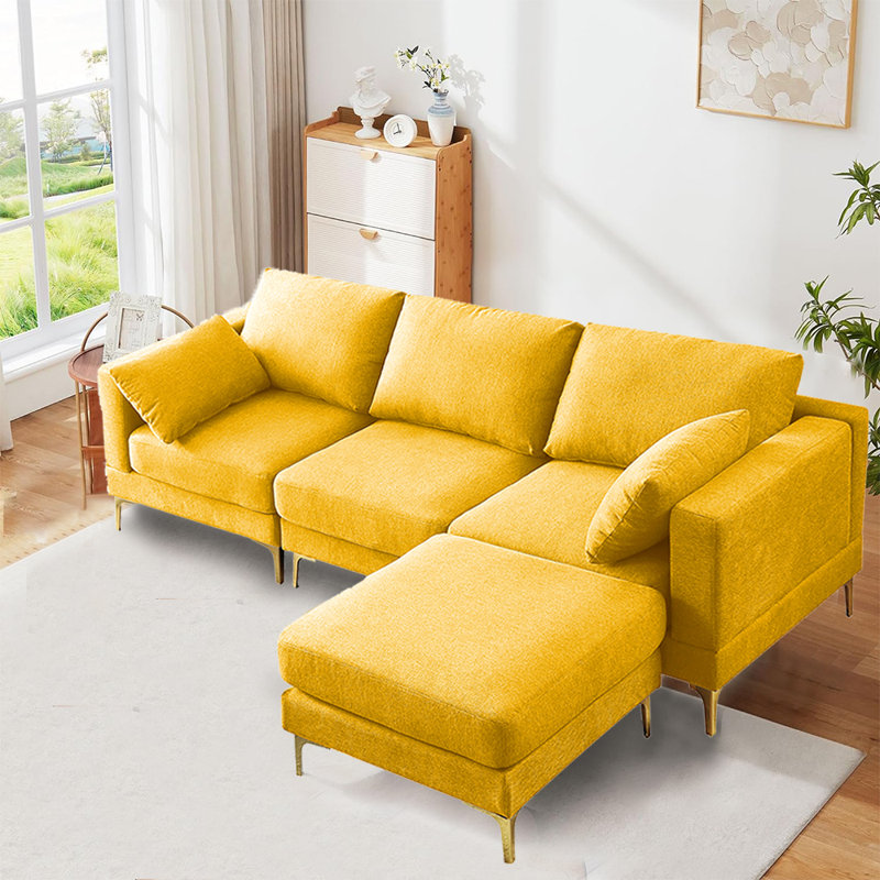 Raylean 93" L-Shaped Modular Combination Sectional Sofa with Ottoman, Yellow Polyester