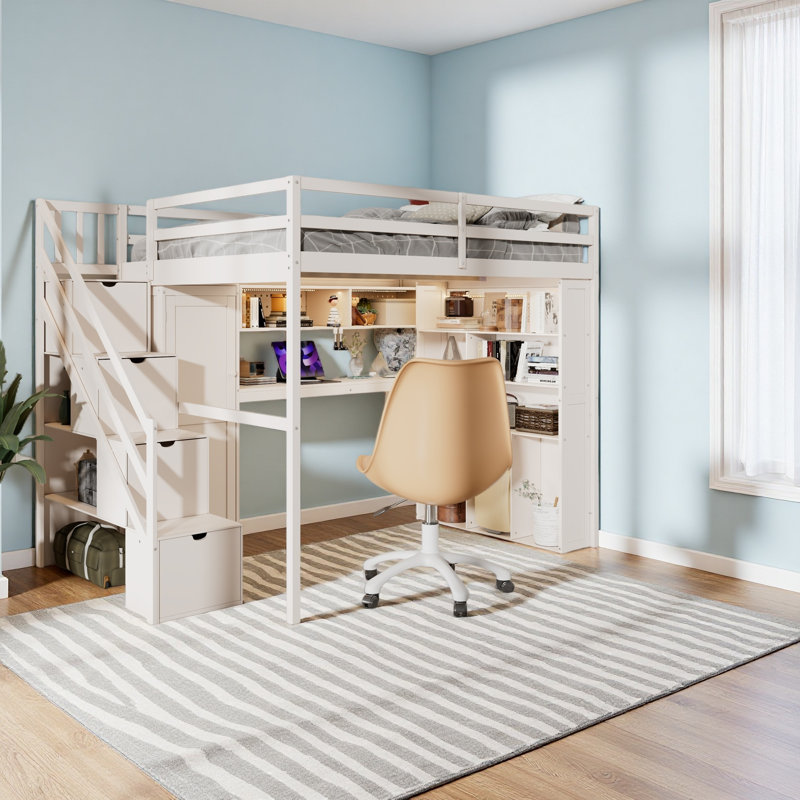 Full Loft Bed Frame With Built-In Wardrobe, Study Desk, Storage Shelves & Lights, Space-Saving Design For Bedroom, Beige