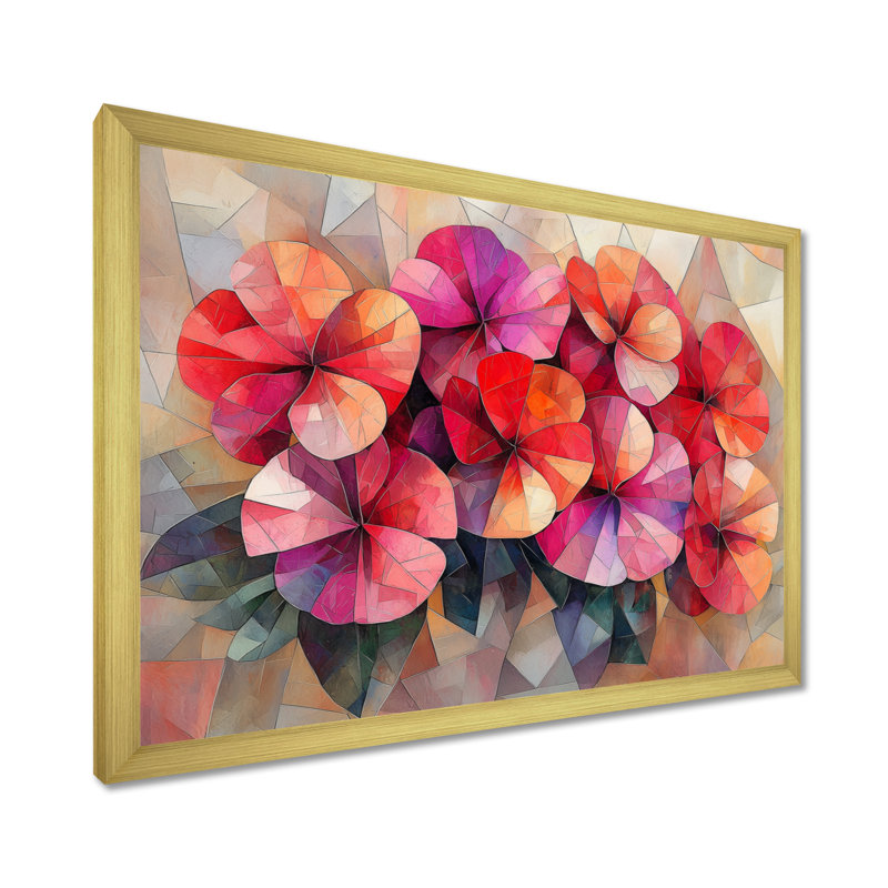 «Geanium Geranium Blossoms Cubist - Geraniums», art mural, H 16 po x l 32 po, Cadre flottant, Doré
