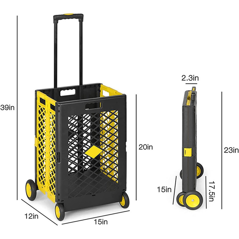 55L Foldable Rolling Cart with Wheels, Portable Updated Utility Tools Rolling Crate w/ Telescopic Handle, Yellow