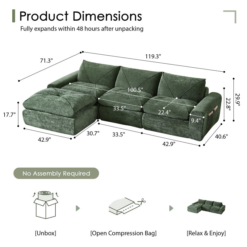 Boneless Modular Cloud Sectional Couches For Living Room, Oversized Compression Chenille Cloud Sofa, Green Chenille