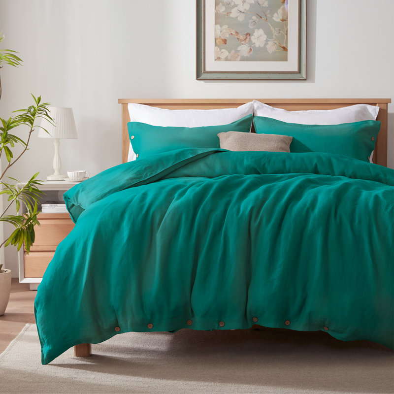 Ensemble de housse de couette 100% lin TOSMO avec fermeture à boutons, literie de ferme durable et douce, Sarcelle