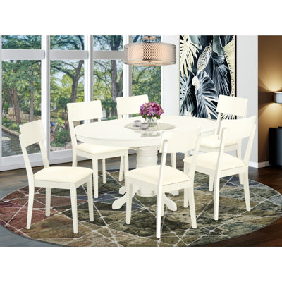 7-Piece Linen White Finish Solid Wood Top Dining Table with 6 Chairs with Lattice Back