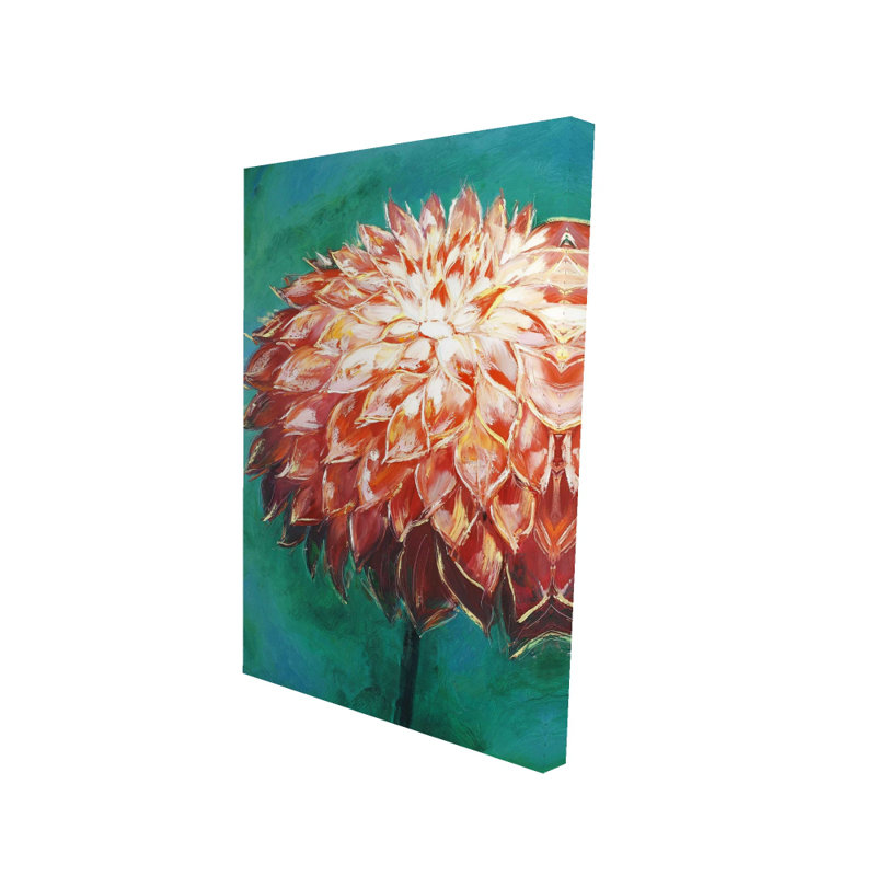 Toile abstraite fleur de dahlia - art floral décoratif, H 24 po x l 36 po, Orange / turquoise / corail