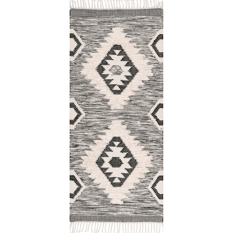 Tapis gris en laine noué à la main à motif de treillis marocain à frange Adi, Tapis de couloir 2 pi 8 po x 6 pi