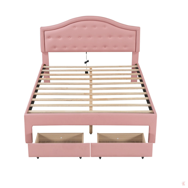 Storage Bed with Tufted Headboard,LED, Pink, Full/ Double