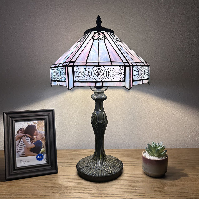Sky Blue Hexagon Stained Glass Table Lamp with Bronze Base