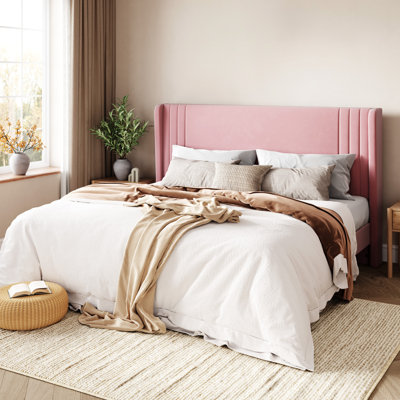 Low-Profile Velvet Upholstered Platform Bed with Wingbacks