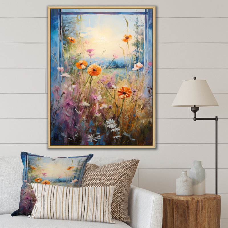 Orange et bleu «Meadow View» - prairie, art mural, Cadre flottant brun, 20" H x 12" W
