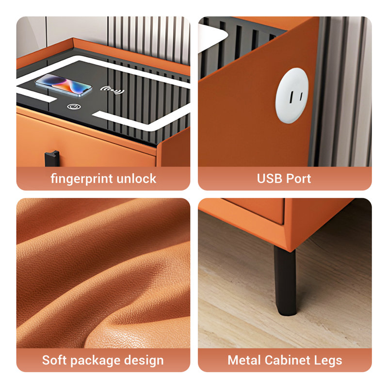 Aeddon Solid Wood Smart Nightstand with Wireless Charging, USB Ports, and Bluetooth Speaker, Orange