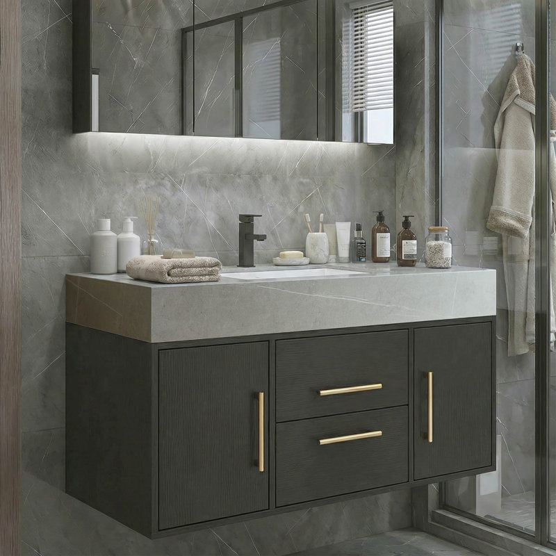 Gethers 39 Inch Floating Bathroom Vanity with Sink Black Cabinet and Sintered Stone Top, Black, Gray