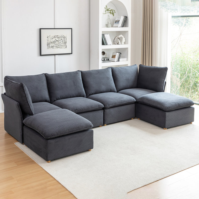 Hepworth Dejohn Corduroy Sectional Sofa With Two Ottomans, Gray Corduroy, 36" H x 125" W x 62.5" D