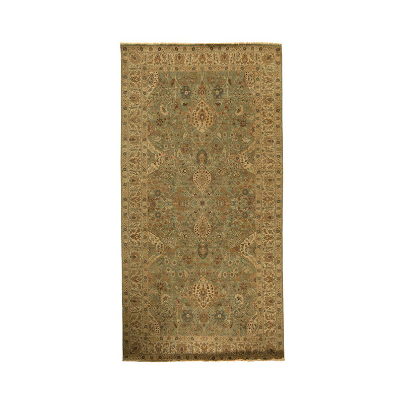 Tapis bleu clair / beige en laine noué à la main de conception unique 6 pi x 11 pi 10 po