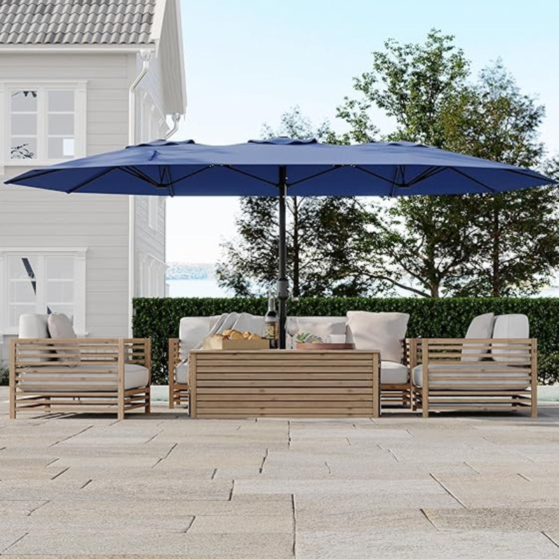 Très grand parasol à double face pour patio - Parasol de marché extérieur rectangulaire de 15 pi (base non incluse) - Parasol double pour piscine, pelouse et jardin - Bleu