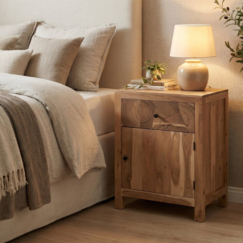 Solid Acacia Wood Nightstand with Live Edge Tree Trunk Drawer & Cabinet Door, Right