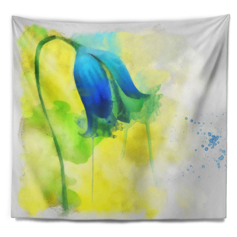 Tapisserie fleur bleue avec éclaboussures jaunes, H 50 po x l 60 po