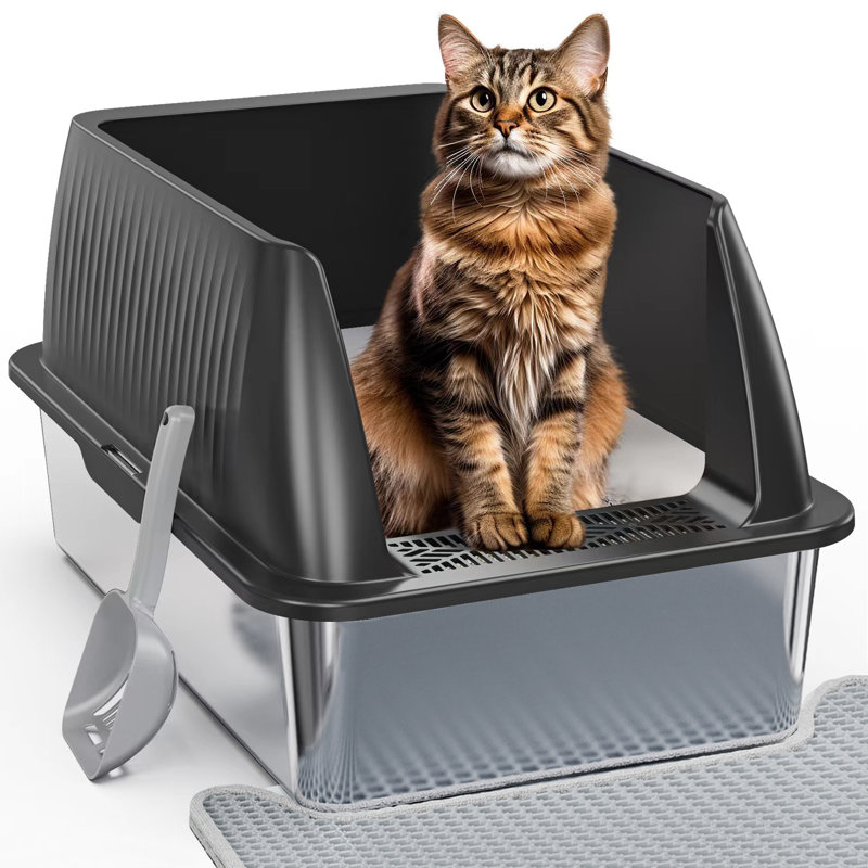 Elfryda Enclosed Litter Box with Scoop, Black/Silver