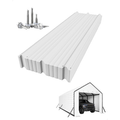 Paquet de 16 tôles de toiture métalliques nervurées – 140 pi², 64,2 po L x 19,7 po l, blanches, acier galvanisé de calibre 27 avec conception à double nervure pour abris de voiture, remises et gazebos