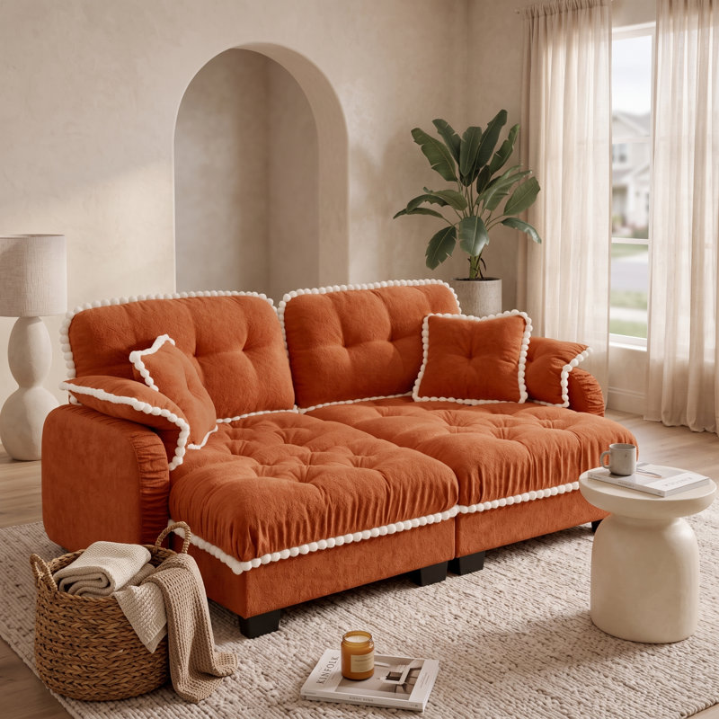 Canapé nuage orange 2 places en chenille avec 2 poufs amovibles, coussins capitonnés et finitions à pompons, 2 Seat+2 Ottoman