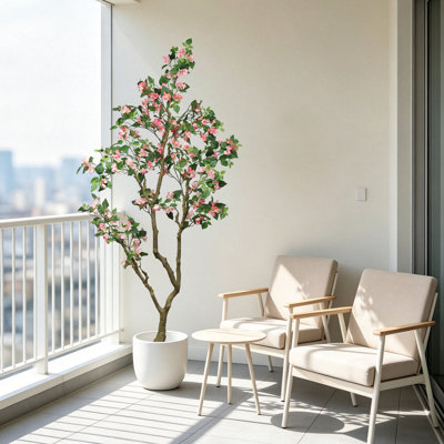 Bougainvillier artificiel de 7 pi avec fleurs en soie rose et pot de fleurs blanc