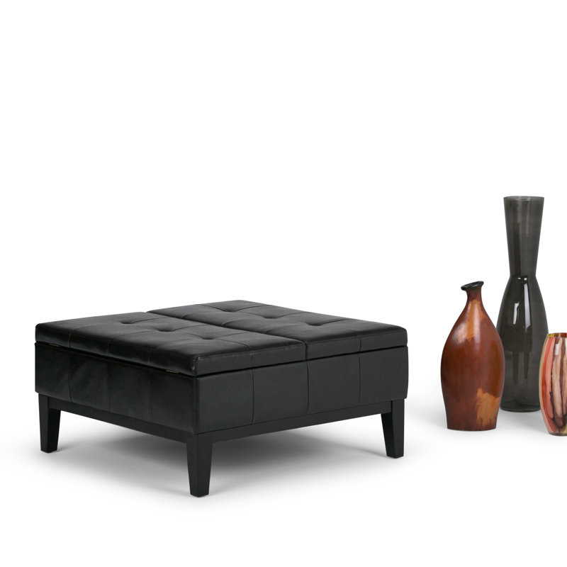 Midnight Black Tufted Faux Leather Cocktail Storage Ottoman