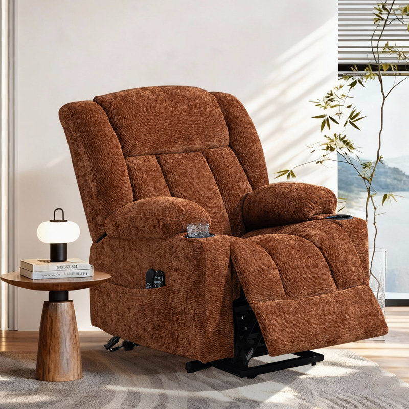 39.4'' Wide Power Lift Zero Gravity Recliner With Massage Heat Cup Holders  Side Pocket and USB Port, Brown, Chenille